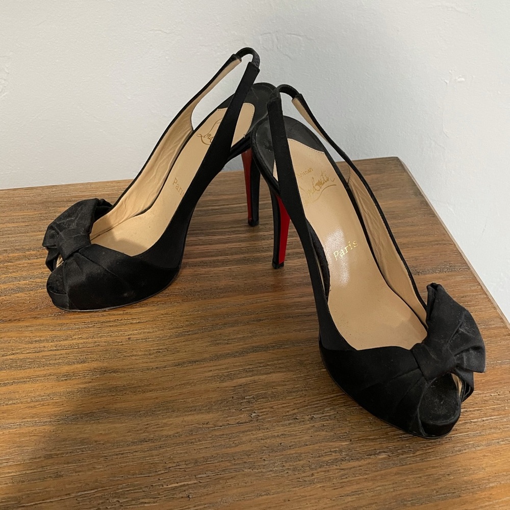 Christian Louboutin: Black Satin Bow Slingback